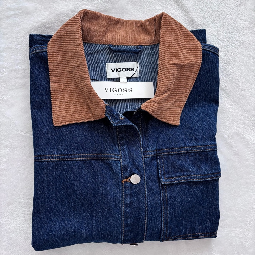 VIGOSS Oversized Denim Barn Jacket with Corduroy Collar--NWT--L - Picture 14 of 16